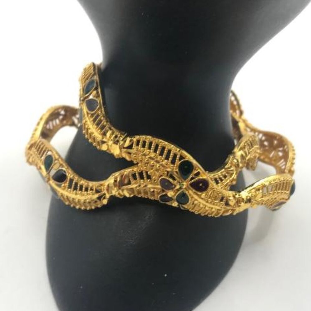 2 Gold-Tone with Green & Red Enamel  Flower Petals Bangles - Picture 4 of 6